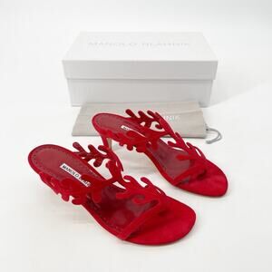Manolo Blahnik Hidrag 50 Red Suede Leaf Thongs Mule Kitten Heel Sandals IT 36